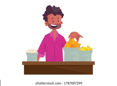 Vector graphic illustration. An Indian vendor is selling popcorn and snacks on a stall. Individually on white background.	