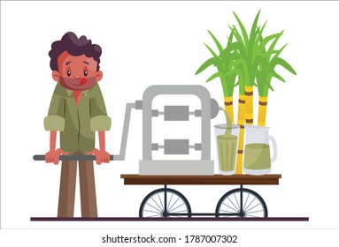 Vector graphic illustration. An Indian vendor selling sugarcane juice. Individually on white background.	