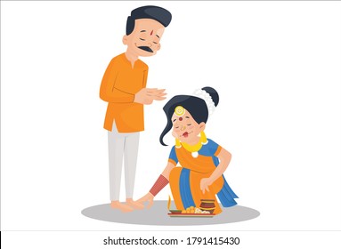 Vector graphic illustration. Indian woman is taking blessings of her husband by touching feet. Individually on white background.