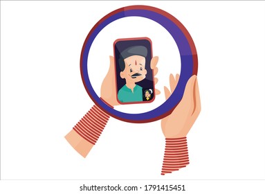 Vector graphic illustration. Indian woman is seeing her husband photo with a sieve on mobile. Individually on white background.
