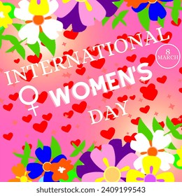 vector graphic illustration of Internasional women day greeting. Women symbol, flowers frame animation and heart background.