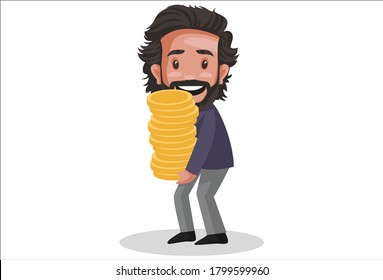 Vector graphic illustration. Investment advisor is holding gold coins in hands. Individually on white background.	