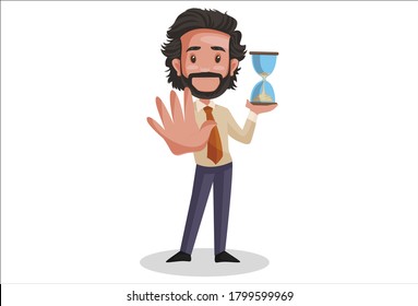 Vector graphic illustration. The investment advisor is holding an hourglass timer in hand and showing a stop hand sign. Individually on a white background.	