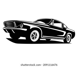vector graphic illustration of isolated black and white muscle car front and bottom