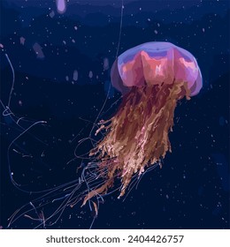 Vector graphic illustration of Jellyfish swimming in the water, watercolor style.