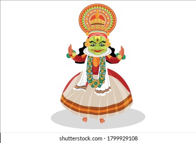 Vector graphic illustration. Kathakali dancer is dancing. Individually on a white background.	