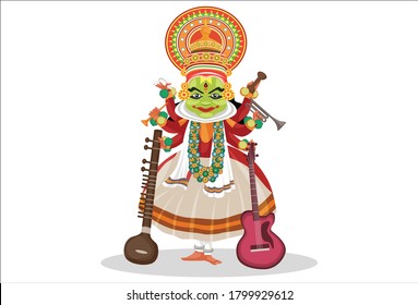 Vector graphic illustration. Kathakali dancer is with musical instruments. Individually on a white background.	