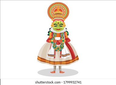 Vector graphic illustration Kathakali dancer is holding a white paper in hands. Individually on a white background.	