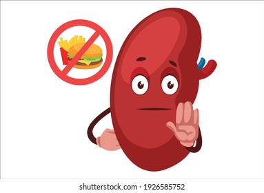 Vector graphic illustration. Kidney is giving stop hand sign. Individually on white background.