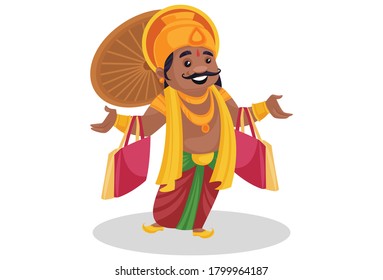 Vector graphic illustration. King Mahabali is holding shopping bags in hands. Individually on a white background.	