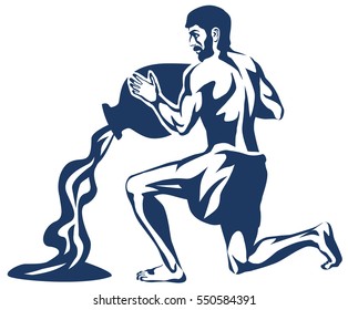 Vector graphic illustration of a kneeling man, pouring water from a jug. Astrological Zodiac sign Aquarius.