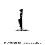 vector graphic illustration of knife stuck in the ground isolated on black and white