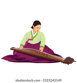 Vector graphic illustration of Korean traditional music instrument 'Gayageum' player