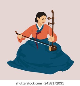 Vector graphic illustration of Korean traditional music instrument 'Haegeum' (two strings fiddle) player