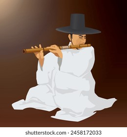 Vector graphic illustration of Korean traditional music instrument 'Daegeum' (bamboo flute) player