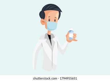 Vector graphic illustration. Laboratory boy is holding a medicine bottle in a hand. individually on a colored background.