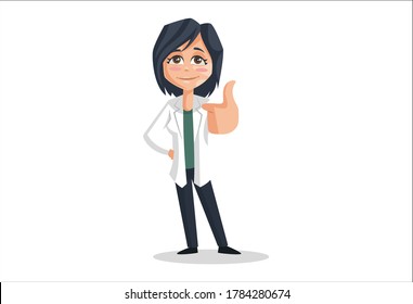 Vector graphic illustration. Lady doctor with thumbs up. Individually on a white background.	
