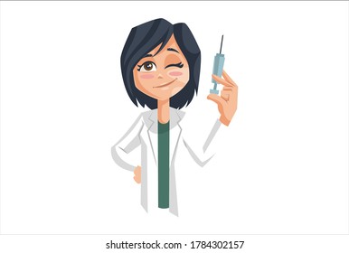 Vector graphic illustration. Lady doctor is holding injection in hand. Individually on a white background.	