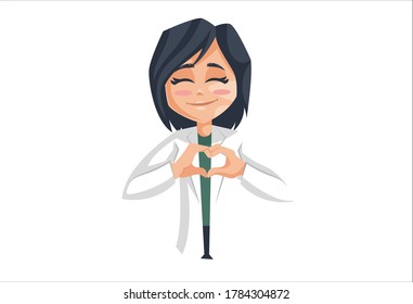 Vector graphic illustration. Lady doctor is creating a heart sign with hand. Individually on a white background.	
