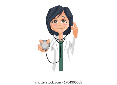 Vector graphic illustration. Lady doctor with stethoscope. Individually on a white background.	