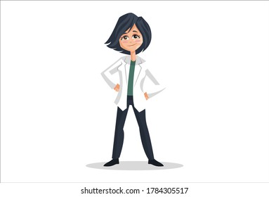 Vector graphic illustration. Lady doctor is standing both hands on her waist. Individually on a white background.