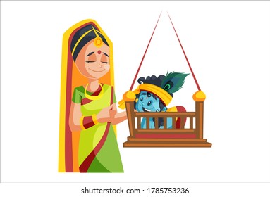 Ilustración gráfica vectorial. La dama se acerca al señor Krishna en Janmashtami. Individualmente sobre un fondo blanco.	