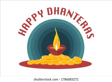 Vector graphic illustration. Lamp is on gold coins. Happy Dhanteras Hindi text sticker. Individually on white background.	