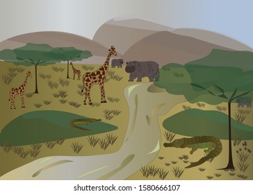 Vector graphic illustration - landscape of african savannah.
Hippos, giraffes, crocodiles. African tropical trees. Savannah. African animals.