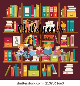 vector graphic illustration of a library and children reading a book. perfect for celebrating international children's book day