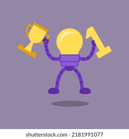 Ilustración gráfica vectorial de un personaje de dibujos animados de bombillas sosteniendo un trofeo. Explicar acerca de los ganadores en los negocios, el éxito en los negocios, etc.