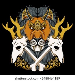 Vector graphic illustration of lion head with ornament and deer skull isolated on dark background suitable for t-shirt design