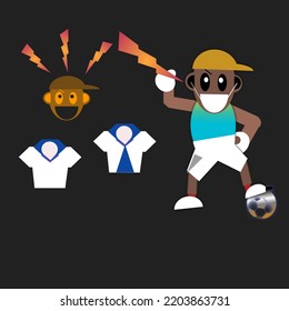 vector graphic illustration of a little boy playing with a ball holding a lightning bolt and some clothes, good for children's book education