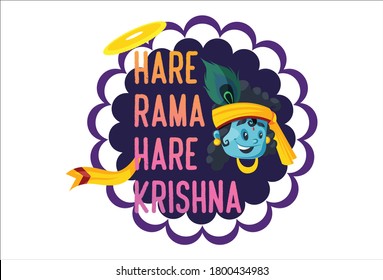 Vektorgrafik des kleinen Krishna mit Hare Ram Hare Krishna Textaufkleber. Individuell auf weißem Hintergrund.	
