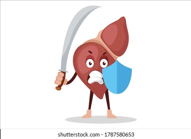 Vector graphic illustration. Liver is holding sward and shield in hand. Individually on white background.	