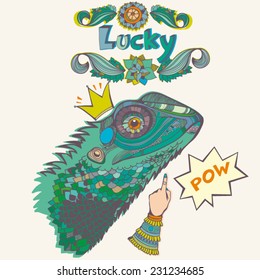 Vector graphic illustration of lizard and hand-drawn graphic elements.