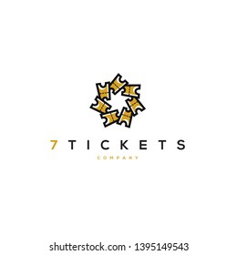 vector graphic illustration logo design for ticket business, 7 seven tickets with heptagonal abstract mark.