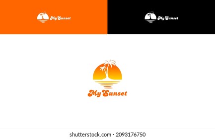 vector graphic illustration logo design for my sunset, combination negative space palm silhouette in sunset on the island