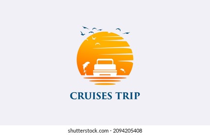 vector graphic illustration logo design for cruises trip with background sunset