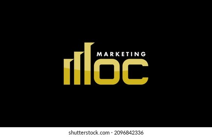 vector graphic illustration logo design for word mark, letter mark MOC M O C marketing, with letter M as chart bar growth and with elegant gold color