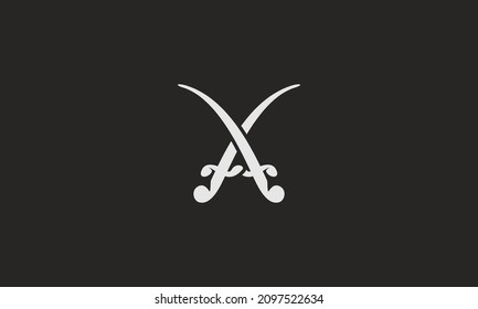 vector graphic illustration logo design for monogram, pictogram, abstract mark combination 2 swords and letter A in dark background