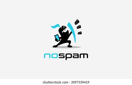 vector graphic illustration logo design for pictogram, pictorial mark a ninja holding a smartphone and shield to block incoming spam messages