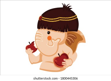Vector graphic illustration. Lord Ganesh is holding the apple in both hands and eating. Individually on white background.