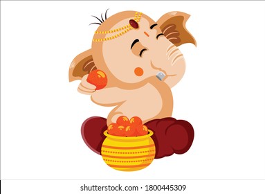Ilustración gráfica vectorial. Lord Ganesh está comiendo laddu. Individualmente sobre fondo blanco.