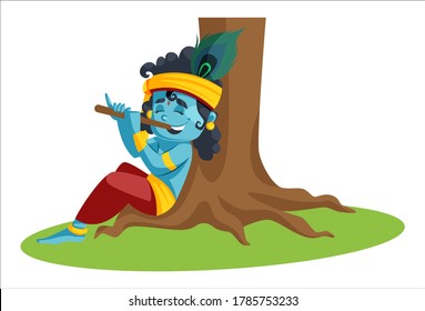 Vector graphic illustration of Lord Krishna playing flute under the tree. Individually on white background.	