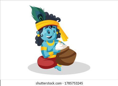 Vector graphic illustration. Lord Krishna is eating butter from a clay pot. Individually on a white background.