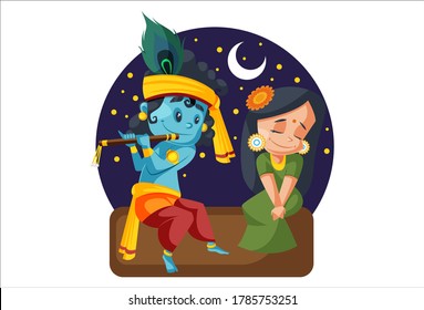Vector graphic illustration. Lord Krishna and Radha sitting together. Krishna is playing flute. Individually on a white background.	
