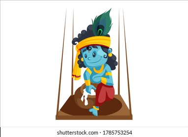 Ilustración gráfica vectorial. Lord Krishna está sentado en el columpio y comiendo mantequilla de la olla de arcilla. Individualmente sobre fondo blanco.	