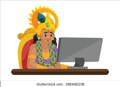 Vector graphic illustration. Lord Krishna is working on a computer. Individually on white background.