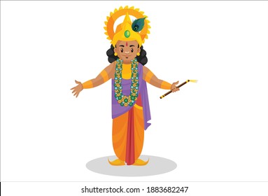 Vector graphic illustration. Lord Krishna is holding a flute in hand and standing with opening hands. Individually on white background.
