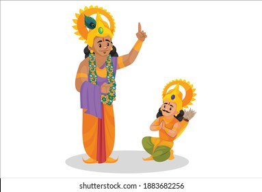 Vector graphic illustration. Lord Krishna is giving knowledge to Arjun in the war. Individually on white background.